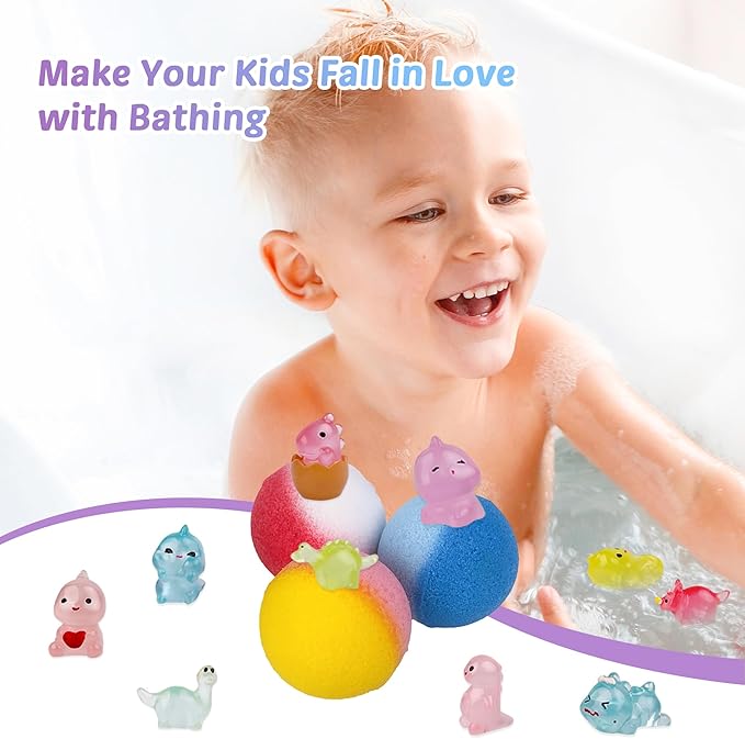Bath Bombs for Kids, 12 Pcs Bath Bombs with Glow in The Dark Dinosura Surprise Inside, Handmade Organic Bubble Bath Ball Gift Set for Boys and Girls, Gift for Birthday Christmas Easter