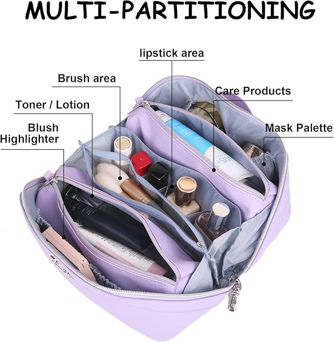 BOYATU Travel Makeup Bags for Women: Vegan Leather Cosmetic Bag Set of 3 - Large Capacity Make up Bag with Divider - Wide Open Waterproof Toiletry Organizer Bag with Handle (05-Purple)