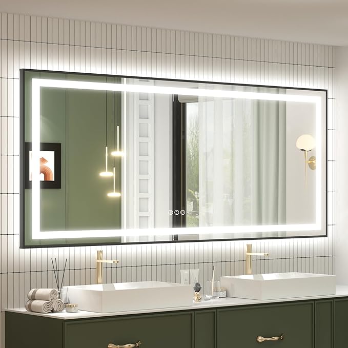 OKPAL 72x36 LED Bathroom Mirror, Lighted Bathroom Mirrors with Black Frame, Large Lighted Vanity Mirror, Dimmable, Anti-Fog, Memory, Shatterproof, Front and Backlit