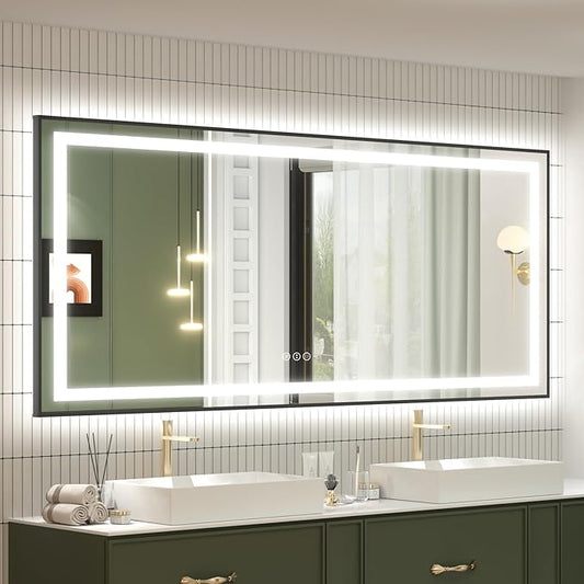 OKPAL 72x36 LED Bathroom Mirror, Lighted Bathroom Mirrors with Black Frame, Large Lighted Vanity Mirror, Dimmable, Anti-Fog, Memory, Shatterproof, Front and Backlit