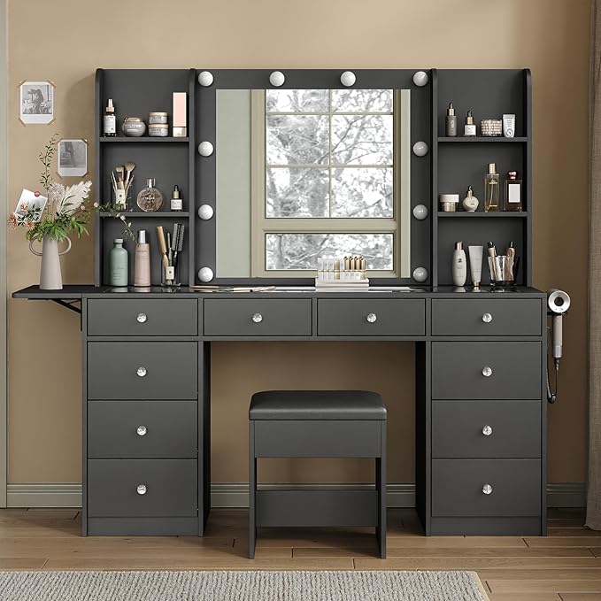 Vanity with Power Outlet, Vanity Desk with Mirror and 10 LED Lights, 10 Drawers Makeup Vanity with 6 Shelves, Fold-up Panel, Dressing Table for Bedroom, Black