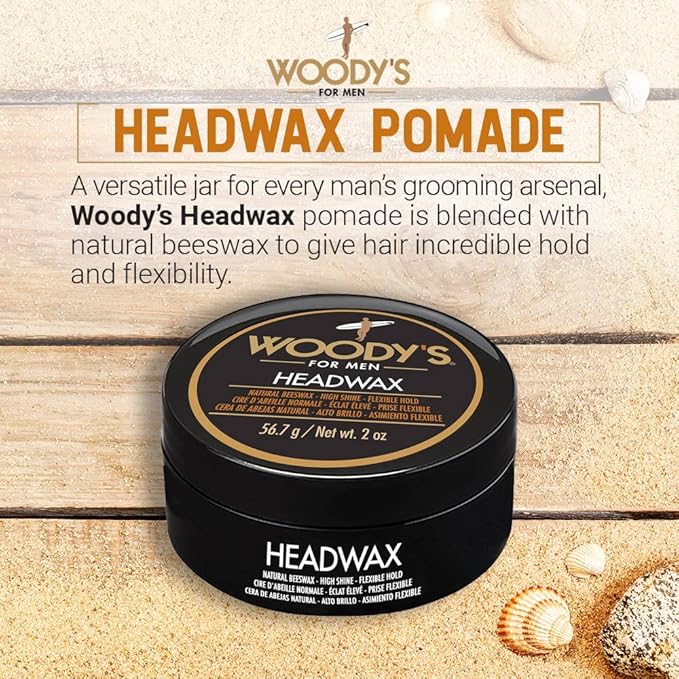 Woody's Headwax Styling Pomade for Men, Flexible Hold, High Shine, with Natural Beeswax, Non-stiff, Non-Sticky, Moldable, For all Hair Types, Travel-size, 2 oz./ 2-Pack