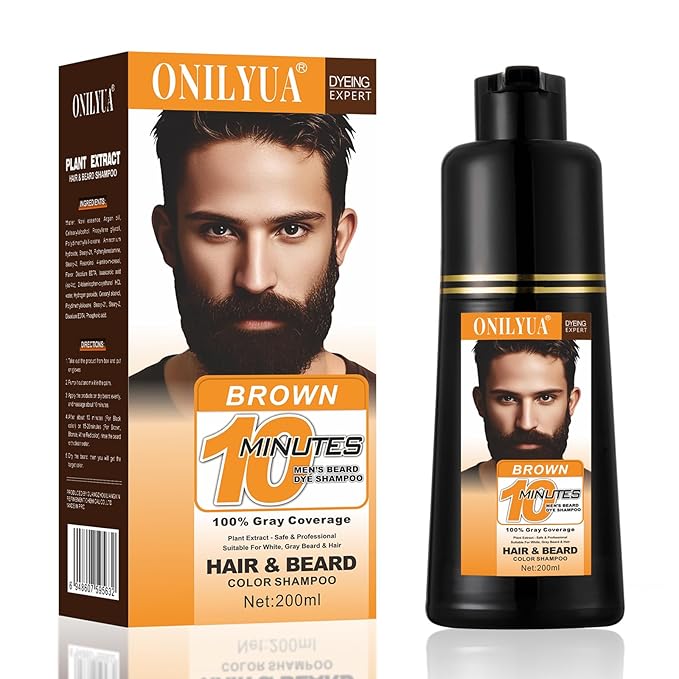 Men's Beard & Hair Dye Shampoo - Dark Brown | 10-Minute Instant Color for Beard, Mustache & Hair | Long-Lasting Gray Hair Coverage | 3-in-1 Dye, Shampoo & Conditioner | Gentle Formula | 6.8 Fl Oz