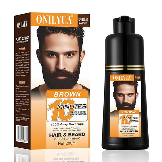 Men's Beard & Hair Dye Shampoo - Dark Brown | 10-Minute Instant Color for Beard, Mustache & Hair | Long-Lasting Gray Hair Coverage | 3-in-1 Dye, Shampoo & Conditioner | Gentle Formula | 6.8 Fl Oz