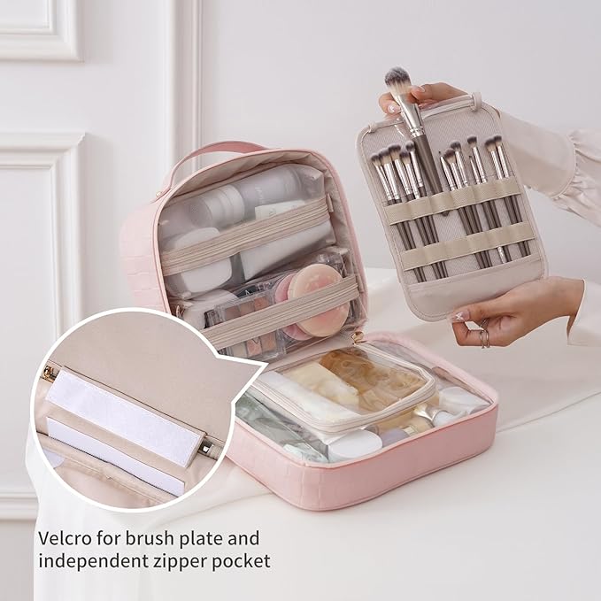 RIGHT AWAY Travel Toiletry Bag for Women, Waterproof Makeup Bag&Case, Portable Cosmetic Organizer Checkered Make up Bag for Full Sized Toiletries，Cosmetics and Travel-Size Accessories,Pink Checkered