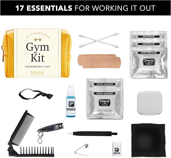 Pinch Provisions Gym Kit, includes 15 Personal Care Essentials for Wellness & Beauty, Perfect for Gifts, Gym Bags, Duffle Bags & Lockers (Mustard)