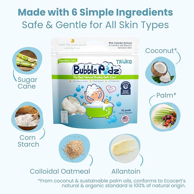 TruKid Bubble Podz Bubble Bath for Kids, Toddlers, & Babies, NEA-Accepted for Eczema, Gentle Refreshing Colloidal Oatmeal Bath Bomb for Sensitive Skin, pH Balanced, Tear Free, Unscented (60 Podz)