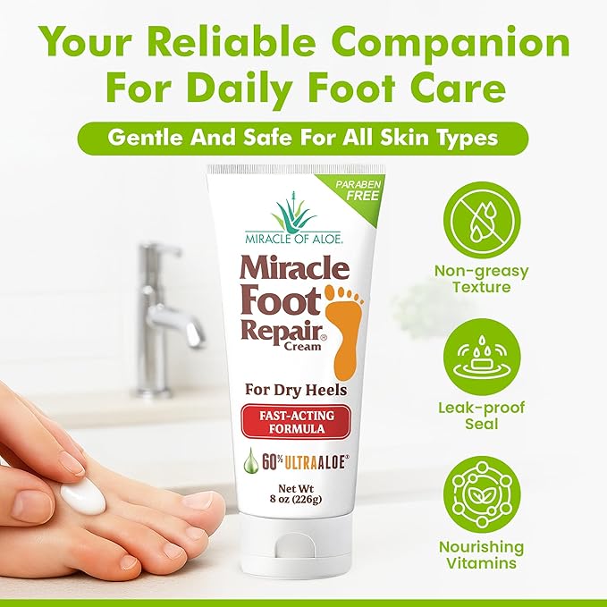 Miracle Foot Repair Cream (8 oz) Repairs Dry Cracked Heels and Feet, 60% Pure UltraAloe Moisturizes, Softens, and Repairs