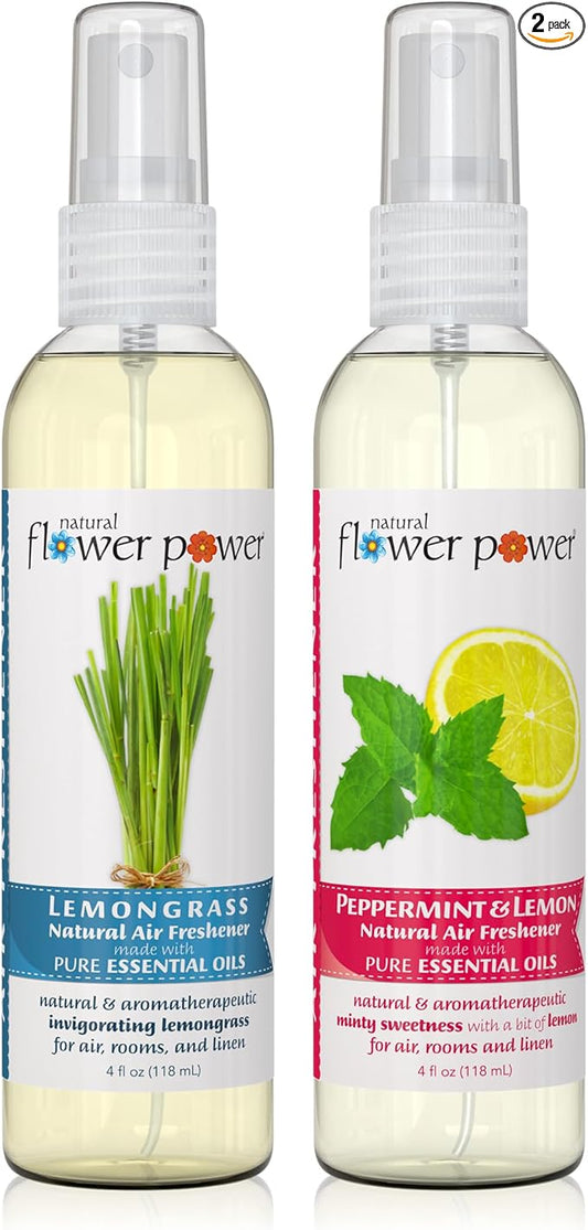 Air Freshener Spray - Odor Eliminator w/Essential Oils - Home, Car & Fabric - Cruelty Free & Vegan - Variety Pack - Lemongrass and Peppermint & Lemon - 2 x 4 fl oz