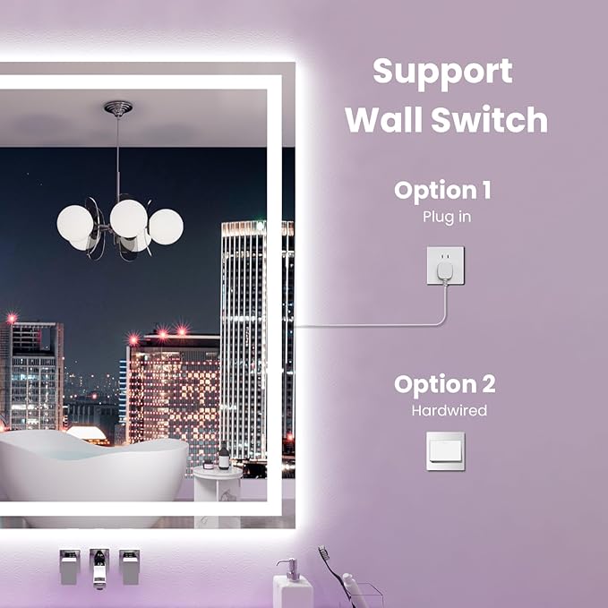 Amorho LED Mirror for Bathroom 28X36 Inch with Backlight and Front Lit, Fogless Mirror for Wall Mounted, Dimmable, 3 Colors, Memory