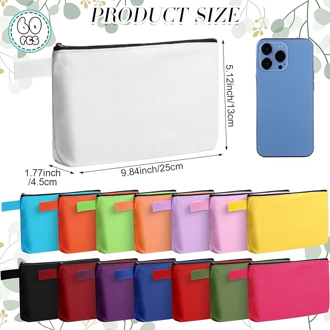 Reginary 60 Pieces Canvas Makeup Bags Bulk Cute Travel Cosmetic Pouch Multipurpose Blank Small Toiletry Bag DIY with Zipper for Women Teens Operation Christmas Gifts Items, 15 Colors(9.8 x 5 x 2 Inch)