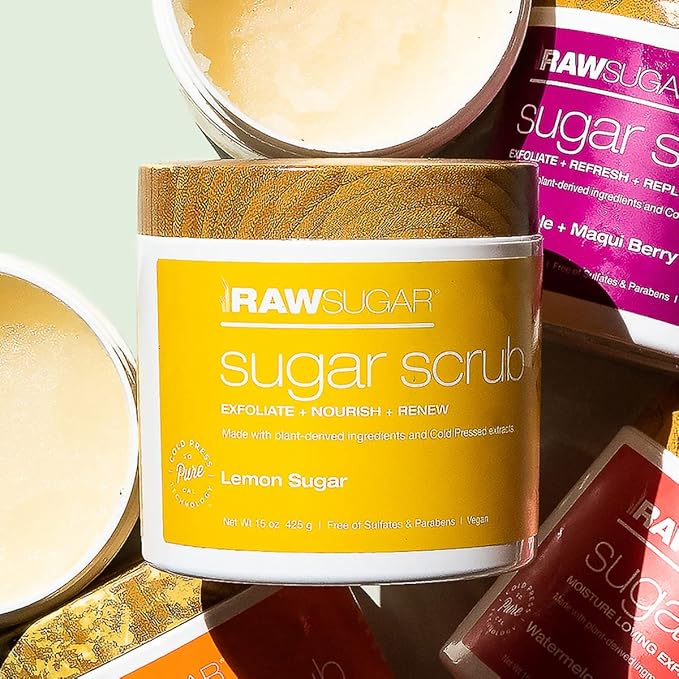 Raw Sugar Lemon Sugar Body Love Bundle - Hydrating,Moisturizing Body Wash, Body Scrub, Body Butter & Lip Balm, Clean, Made with Plant-Derived Ingredients, Formulated without Sulfates and Parabens