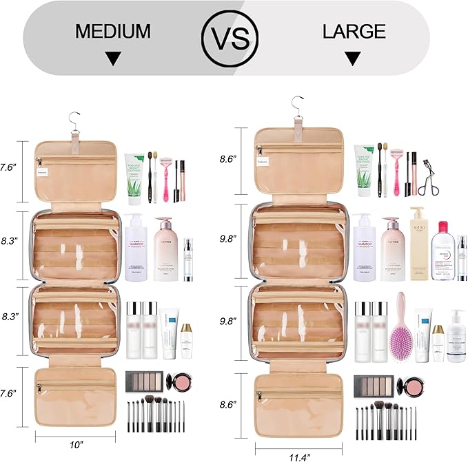 Travel Hanging Toiletry Bag for Women, Large Makeup Bag 8 Leak Proofing Silicone Bottle Covers, Waterproof Cosmetic Bag with Jewelry Organizer Compartment, Toiletries Kit Set, Grey