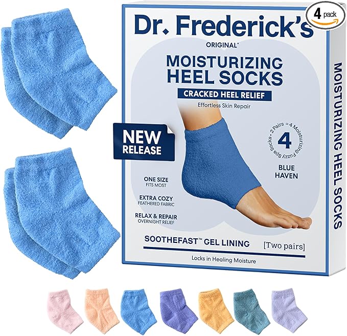 Dr. Frederick's Original Moisturizing Fuzzy Heel Socks - 2 Pairs - Cozy Gel-Lined Sleep Socks for Women & Men - Soothes Dry, Cracked Feet - Heel Repair - Blue Haven
