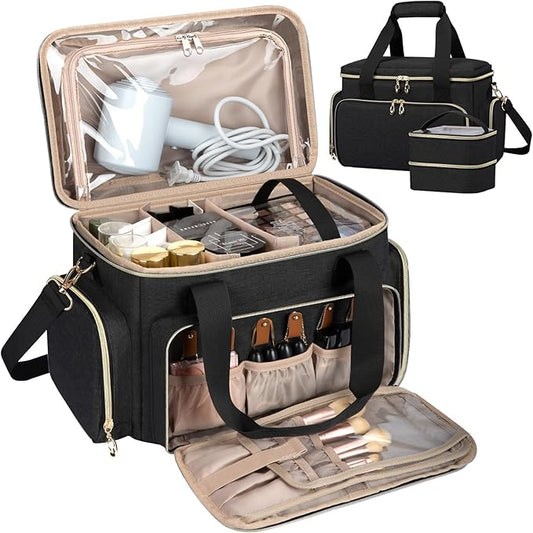 Large Makeup Bag, Portable Travel Makeup Bag Organizer for Women Girls with 2 Removable Pouches & Detachable Dividers, Cosmetic Travel Bag, Toiletry Bag for Makeup and Hair Supplies Black