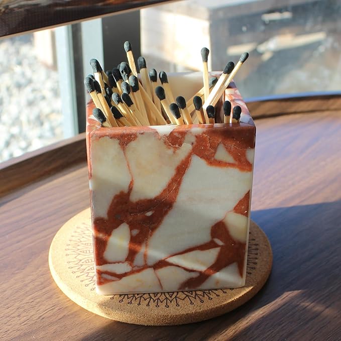 Calacatta Red Marble Toothbrush Holders for Bathroom, Natural Marble Makeup Brush Holder Countertop Organizer