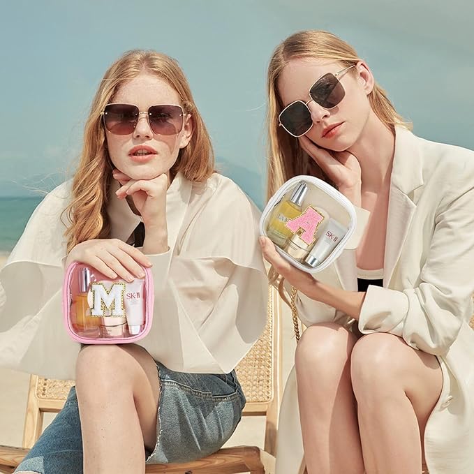 YOOLIFE Initial Make Up Bag Travel Toiletry Bag, Clear Makeup Bag Preppy Cosmetic Bags Organizer Travel Essentials Gifts for Women Teen Girlfriend Teacher Mom Birthday Mothers Day Gifts White F