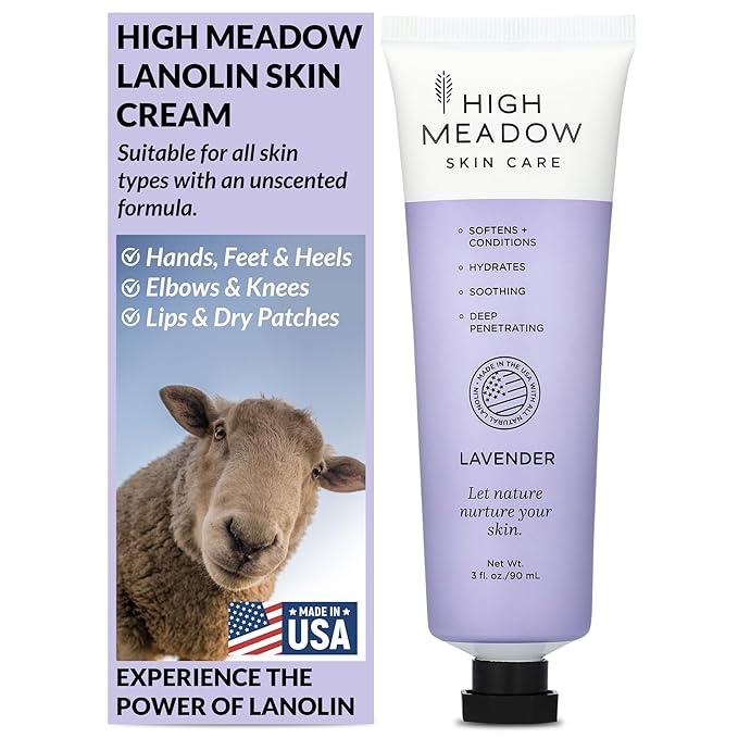 High Meadow Lanolin Skin Cream - Deep Hydration Formula for Soft, Radiant Skin Care - Repairs Dry and Cracked Skin on Hands, Feet & Elbows - Multi-Purpose Soothing Lotion - 3.0 Oz Lavender Moisturizer