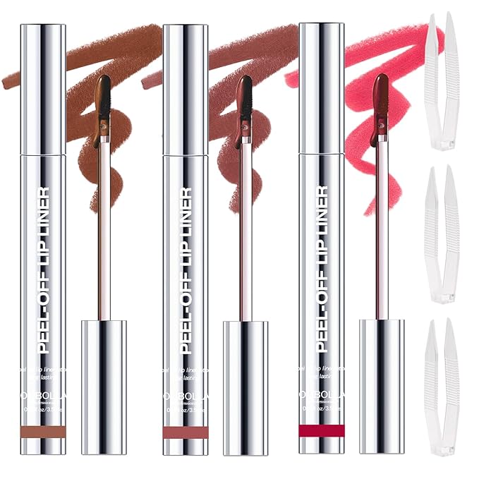 3 Colors Peel Off Lip Liner Stain Kit, Long Lasting Waterproof Lip Tint Stains Makeup Set with Matte Finish for Women, Natural Look, Easy to Use, for All Skin Types, Tweezer Include (#2,3,6)