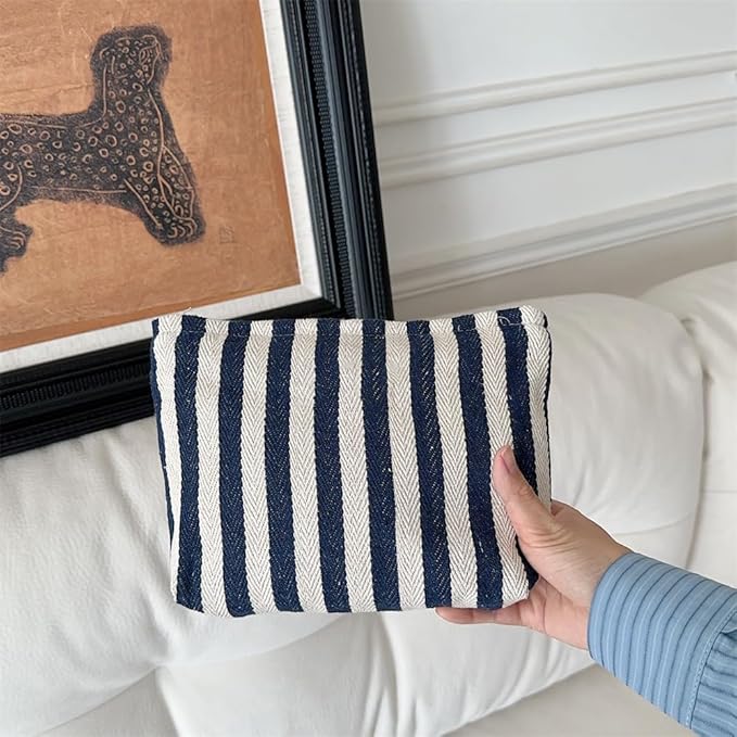 PAZIMIIK Makeup Bag Large Cotton Zipper Pouch for Purse Travel Canvas Make Up Organizer for Women Cosmetic,Stripe Navy Blue