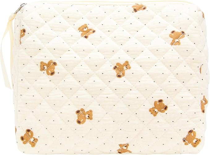 PAZIMIIK Quilted Makeup Bag Large Travel Zipper Soft Cosmetic Pouch for Women Girls Make Up,Gauze Bear
