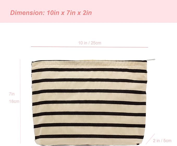 PAZIMIIK Floral Makeup Bag Large Cotton Zipper Pouch for Purse Travel Canvas Make Up Organizer for Women Cosmetic,Stripe White