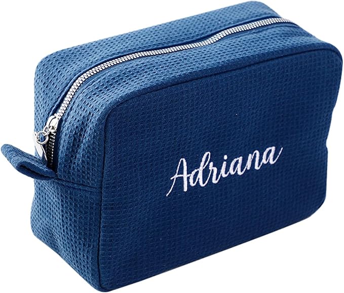 GOPHIE Personalized Embroidered Makeup Bag,Custom Waffle Fabric Cosmetic Pouch for Women, Travel Makeup Pouch (1, Navy Blue)