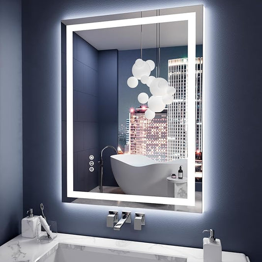 Amorho LED Mirror for Bathroom 28X36 Inch with Backlight and Front Lit, Fogless Mirror for Wall Mounted, Dimmable, 3 Colors, Memory