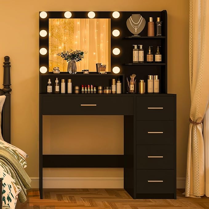 Quimoo Makeup Vanity Desk with Mirror & Lights, Vanity Desk with 5 Drawers & Storage Shelves, Vanity Table, 3 Color Modes & Adjustable Brightness Dressing Table, Bedroom, Black
