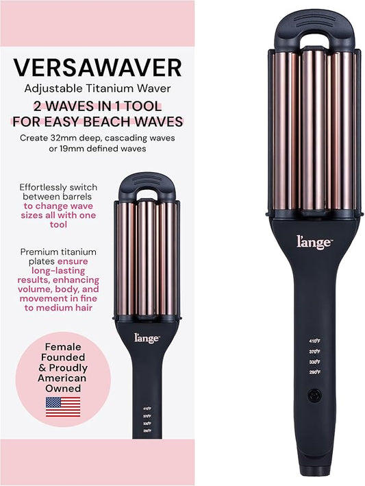 L'ANGE Hair VersaWaver Adjustable Titanium Waver | Pick 19mm or 32mm Waves with 1 Tool | Titanium 3-Barrel Waving Tool | Cool Tip Also Rotates Barrel to Change Wave Lengths (Black)