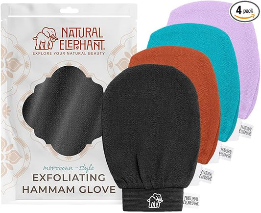 Natural Elephant Exfoliating Kessa Glove - Face and Body Exfoliator Hammam Mitt (Black, Orange, Teal and Lilac (Pack of 4))