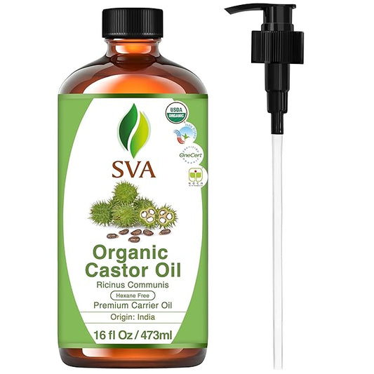 SVA Castor Seed Oil Organic - 16 Fl Oz – 100% Natural Cold Pressed Organic Castor Oil - for Face, Skin Care, Hair Care, Scalp Massage & Body Massage with Pump