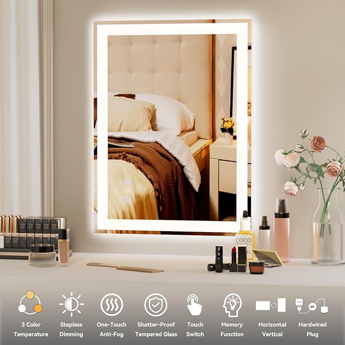 24"x 36" LED Bathroom Mirror with Front and Backlit, Wall Vanity Mirror with Lights, Controlled Separately LED Mirror for Bathroom, 3 Colors, Tempered Glass, Shatterproof, Anti-Fog, Memory(UL ETL)