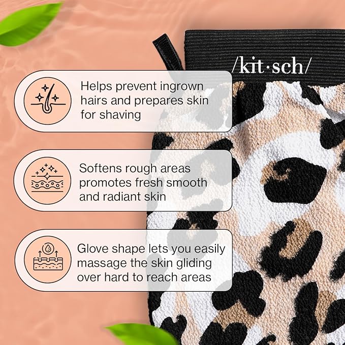 Kitsch Exfoliating Glove – Korean Exfoliating Mitt & Deep Exfoliating Body Scrubber for Shower, Bath | Body Exfoliator, Dead Skin Remover | Skin Care for Smooth, Renewed Skin - 1pc, Leopard