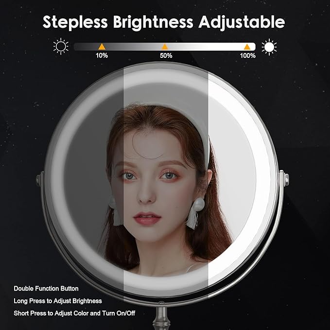 Lighted Makeup Mirror, 3000 mAh Rechargeable Double Sided Magnifying Vanity Mirror with 3 Colors, 1x/10x, 360° Rotation , Brightness Adjustable Magnification Cosmetic Light up Mirror, Women Gift