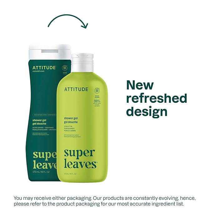 ATTITUDE Body Wash, EWG Verified Shower Gel, Dermatologically Tested, Plant and Mineral-Based, Vegan Personal Care Products, Olive Leaves, 16 Fl Oz (Pack of 6)