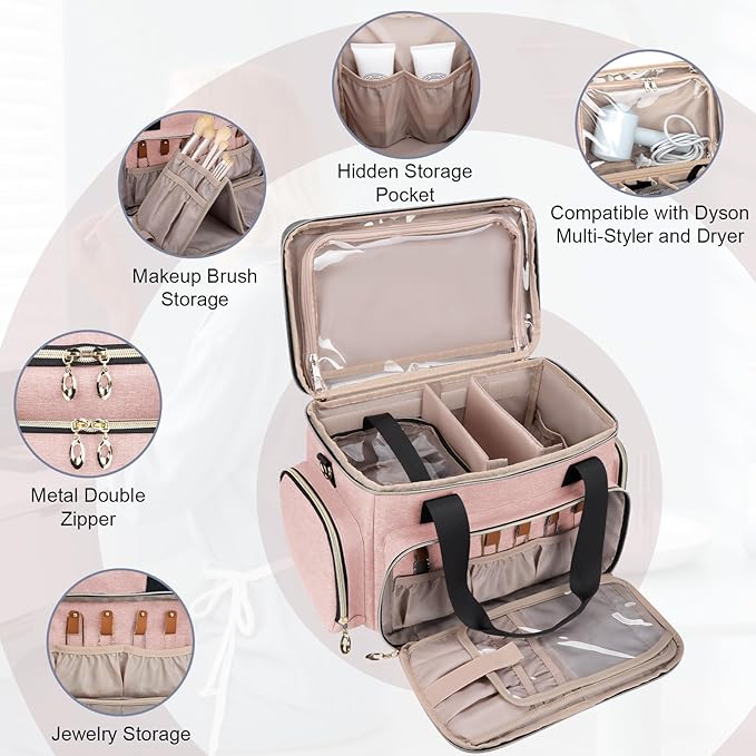 Large Makeup Bag, Portable Travel Makeup Bag Organizer for Women Girls with 2 Removable Pouches & Detachable Dividers, Cosmetic Travel Bag, Toiletry Bag for Makeup and Hair Supplies Pink
