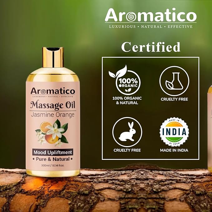 Massage Oil with Jasmine & Orange Essential Oils – Infused with Sesame, Almond & Jojoba Oils – Full Body Massage Oil for Relaxation – for Men & Women – 10 Fl Oz