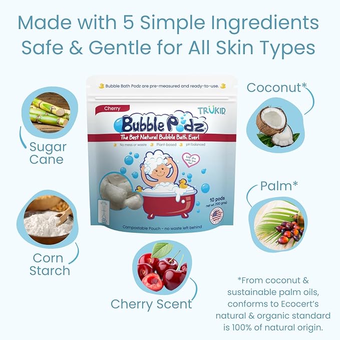 TruKid Bubble Podz Bubble Bath for Kids, Toddlers, & Babies, Tear Free Gentle & Refreshing Bath Bomb for Sensitive Skin with Natural Moisturizers, Non-Toxic, pH Balanced, Cherry Scent (60 Podz)