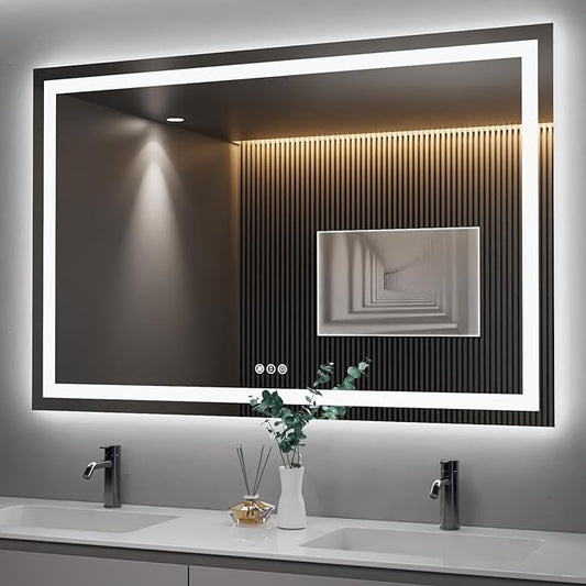Amorho LED Bathroom Mirror 55''X36'' with Front and Backlight, Large Dimmable Wall Mirrors with Anti-Fog, Shatter-Proof, Memory, 3 Colors, Double LED Vanity Mirror