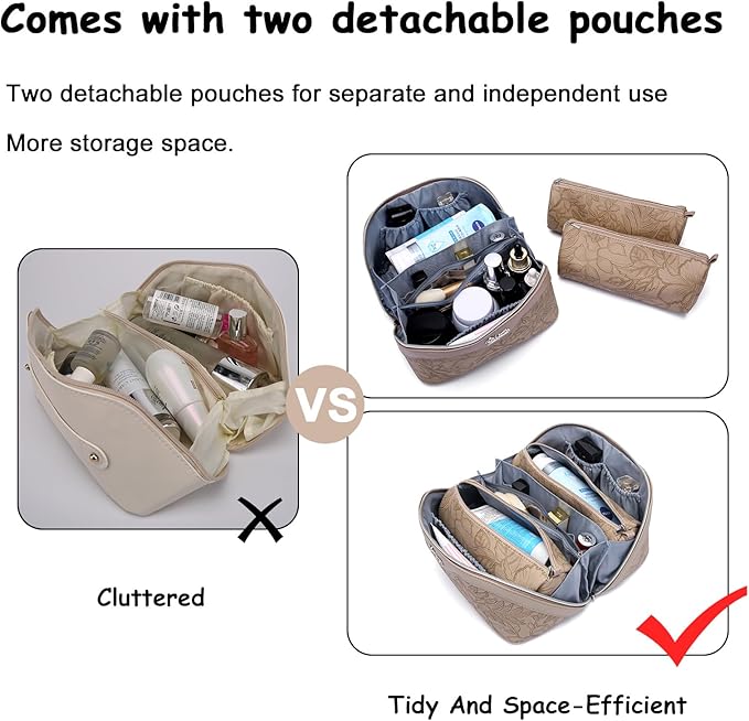 BOYATU Travel Makeup Bags Cosmetic Organizer Bag: 3-Set Large Capacity Make up Bag - PU Leather Toiletry Bags for Women - Wide Open Portable Pouch with Divider & Handle (02-Light Brown)