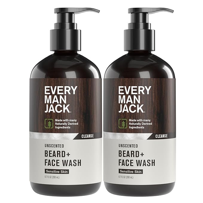 Every Man Jack Unscented Beard + Face Wash - Fragrance Free for Sensitive Skin - Naturally Cleanse and Condition Your Beard and Skin - 6.7-ounce (2 pack)