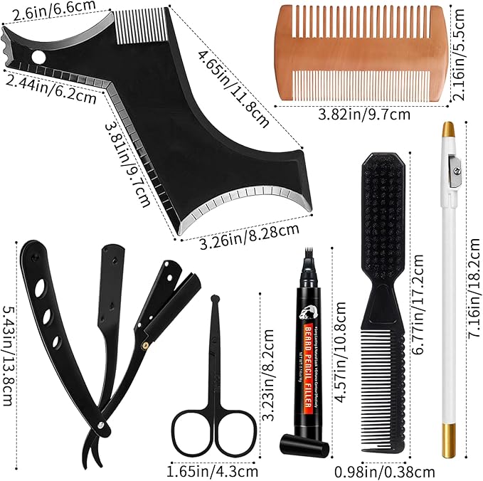 Beard Shaper for Men Beard Shaping Tools - Beard Straightener, Beard Template Guide, Professional Straight Edge Razor, 10 PCS Double Edge Blade, Barber Pencil, Beard Comb, 2 Stainless Steel Scissors