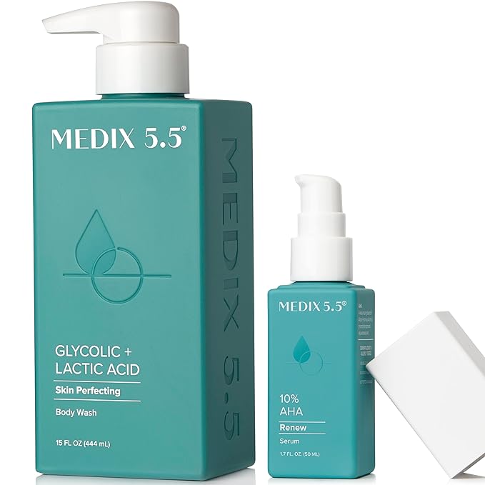 Medix 5.5 20% Glycolic Acid Booster + Exfoliating Body Wash Cleanser Skin Care 2 Piece Set | AHA Exfoliant Cleanser+ Body Serum Both Refine+ Soften Dead Dry Skin, Bumps, Wrinkles & Fine Lines, Bundle