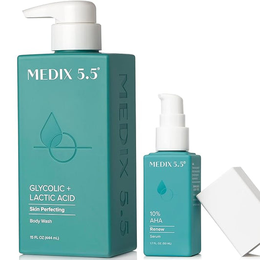 Medix 5.5 20% Glycolic Acid Booster + Exfoliating Body Wash Cleanser Skin Care 2 Piece Set | AHA Exfoliant Cleanser+ Body Serum Both Refine+ Soften Dead Dry Skin, Bumps, Wrinkles & Fine Lines, Bundle