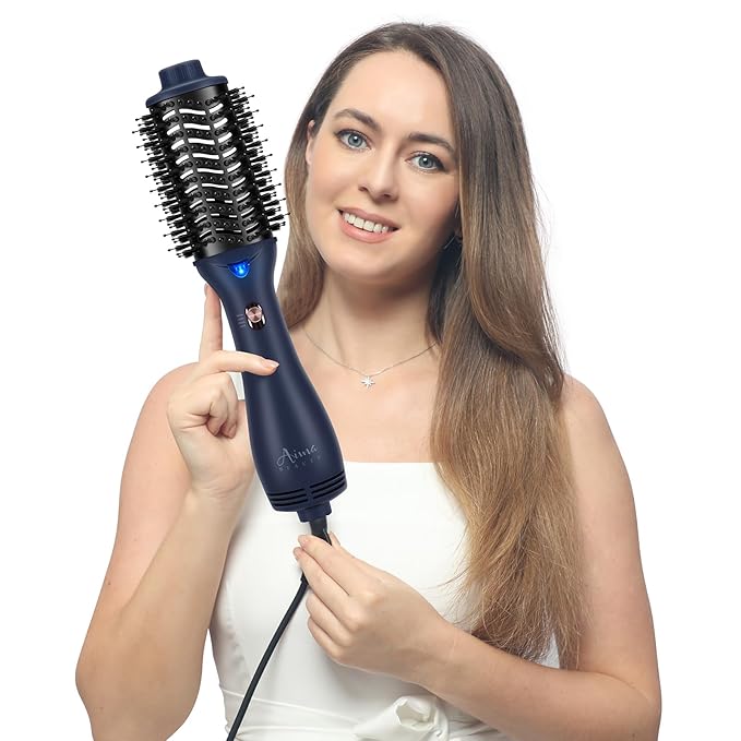 One Step Hair Dryer & Volumizing Brush, Aima Beauty Hair Styling Tool - Ceramic Straightener, Curler, Hot Air Styler & Ionic Salon Brush, Prussian Blue