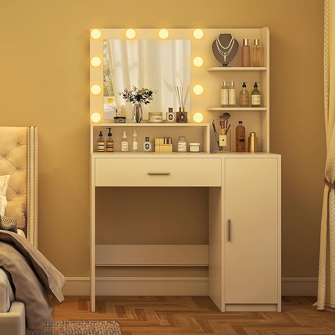 Quimoo Makeup Vanity Desk with Mirror & Lights, Vanity Desk with 5 Drawers & Storage Shelves, Vanity Table, 3 Color Modes & Adjustable Brightness Dressing Table, Bedroom, White