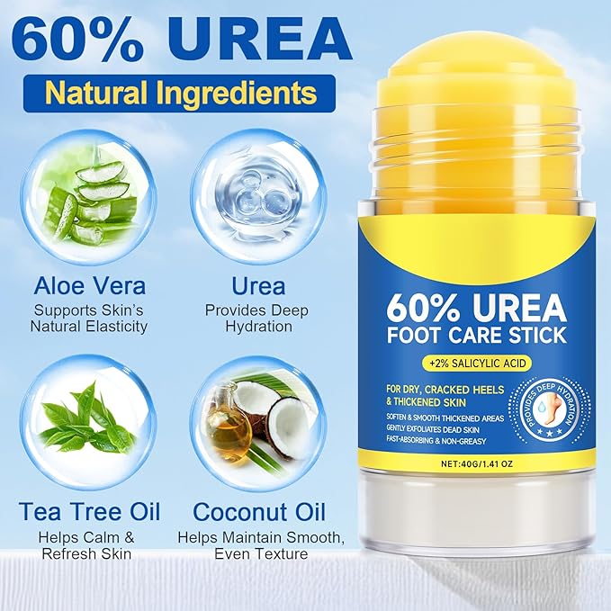 Urea Cream 60% Hydrating Foot Care Stick 2Pack, 1.41 Fl Oz Foot Cream Moisturizer for Dry Cracked Feet & Hands, Feet Lotion Fast Repairs Rough Heels, Callus Remover