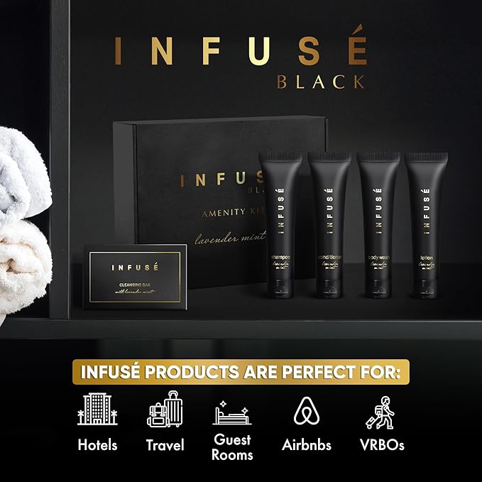 Infuse Black Amenity Kit | Boxed Hotel Toiletries | Bulk Set 1 oz Travel Size Shampoo, Conditioner, Lotion, Body Wash & Cleansing Bar for Guest Hospitality AirBnB/Vacation Rentals | 1 set per case