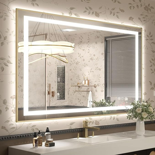 OKPAL 44x36 Gold Lighted Bathroom Mirror with Lights, Frontlit & Backlit LED Bathroom Mirror, Lighted Vanity Mirror, Anti-Fog, Dimmable 3 Colors, Shatterproof, Horizontal/Vertical